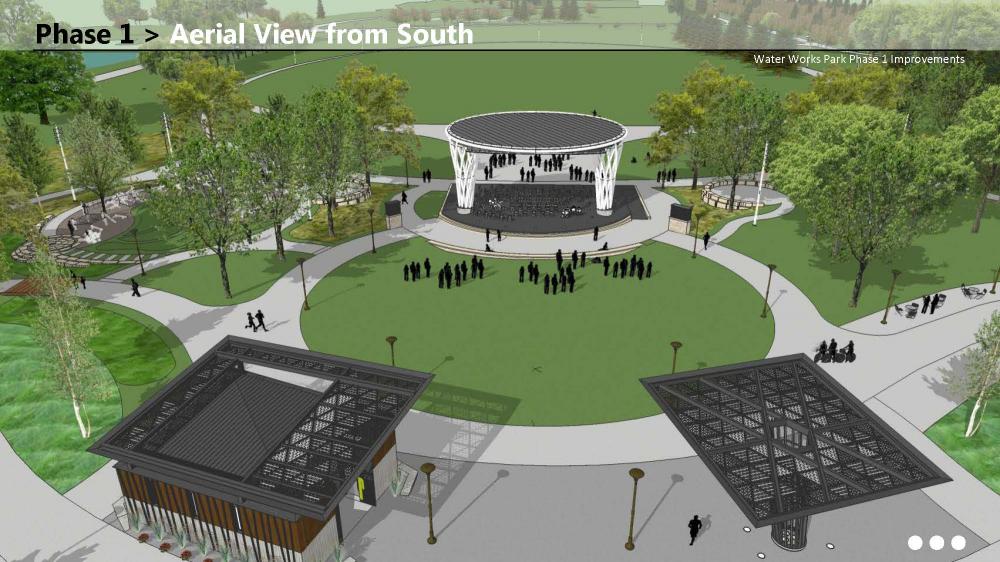 Initial improvements at Water Works Park include a two-sided stage, restrooms and a natural-material playground. Rendering by RDG Planning & Design
