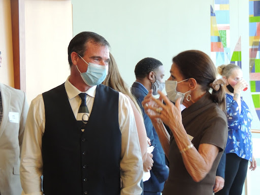 Florence Burch, right, and Dr. Cary Murphy, medical director of the Norkaitis Neonatal Intensive Care Unit, speak before Wednesday’s ceremony naming the unit after Burch’s parents, William and Josephine Norkaitis.