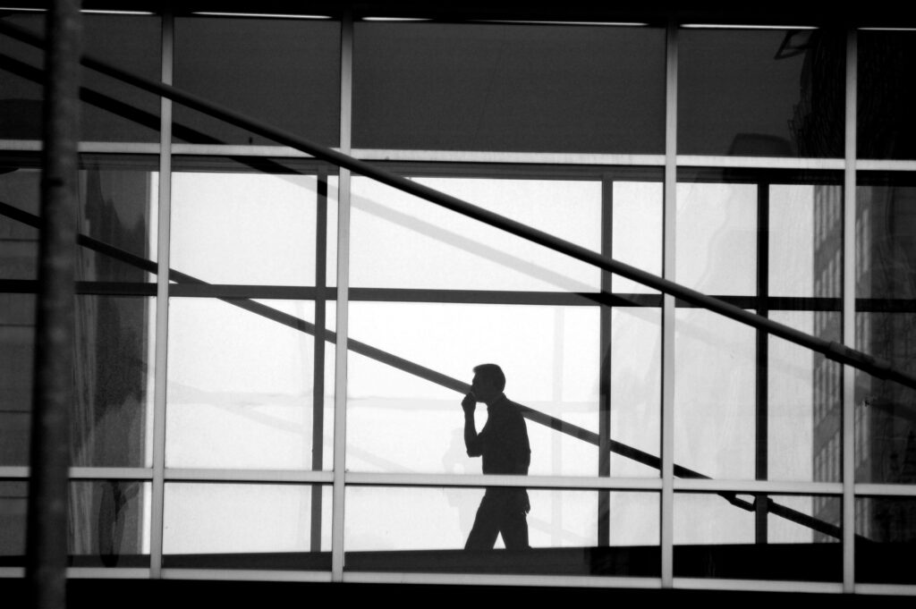 man in skywalk