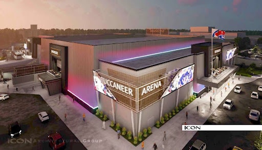 An architectural rendering of a new arena for the Des Moines Buccaneers hockey team at Merle Hay Mall.
