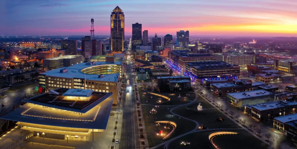 Aerial of Downtown Des Moines at Sunrise