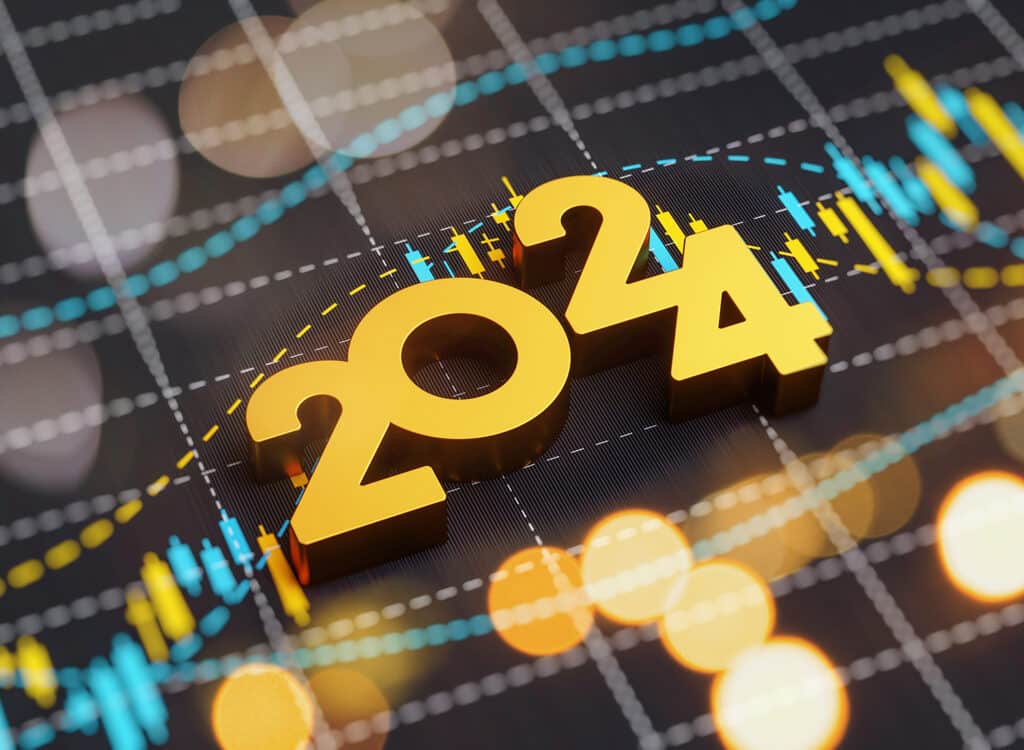 2024 New year card background economy finance business investment concept. 3D rendering chart data analytic revenue profit and digital information technology interface screen.
