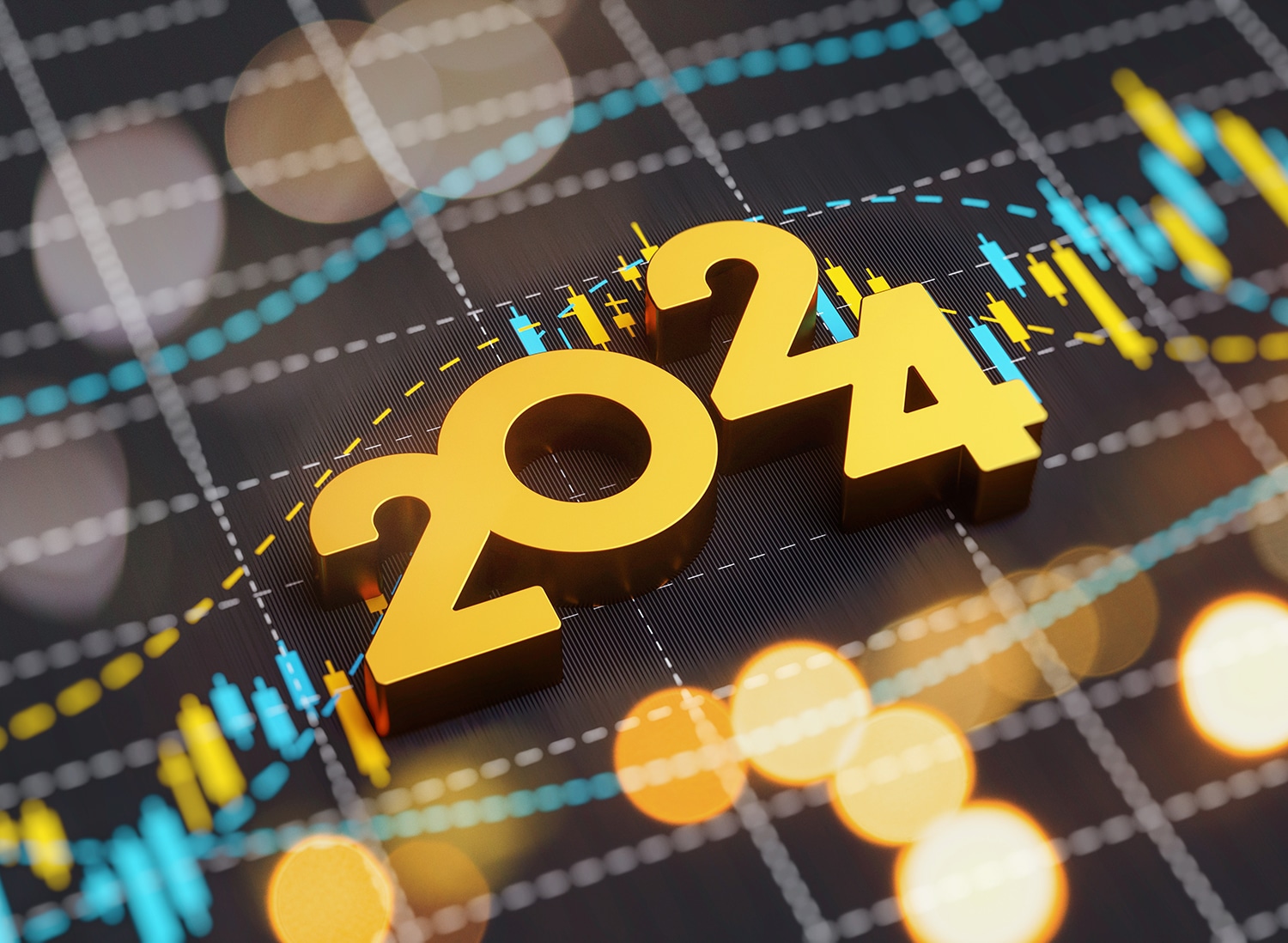 2024 New year card background economy finance business investment concept. 3D rendering chart data analytic revenue profit and digital information technology interface screen.