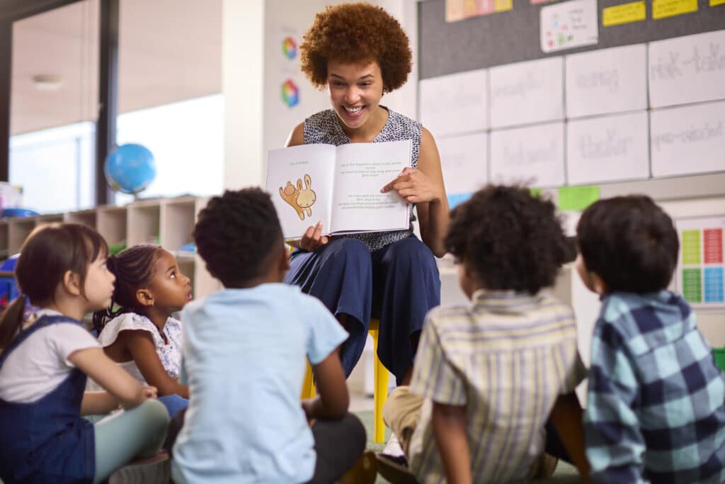 Female Teacher Reads To Multi Cultural Elementary School Pupils Sitting On Floor In Class At School