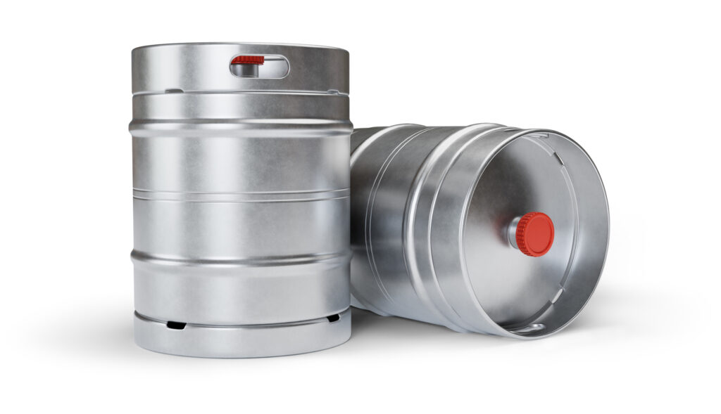 Metal beer kegs isolated on white background with clipping path included. 3D render.